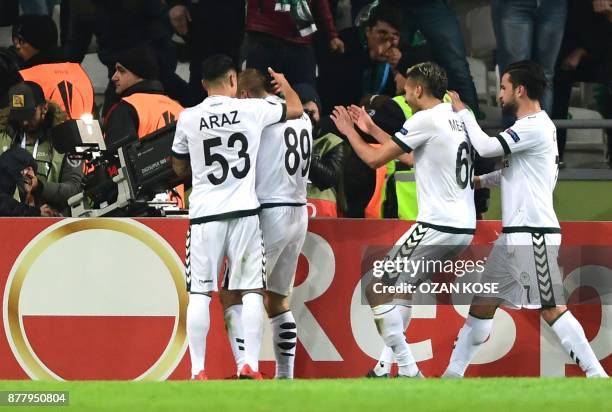 Konyaspor's Nejc Skubic celebrates with his team mates after scoring a goal during the UEFA Europa League Group I football match between Konyaspor...