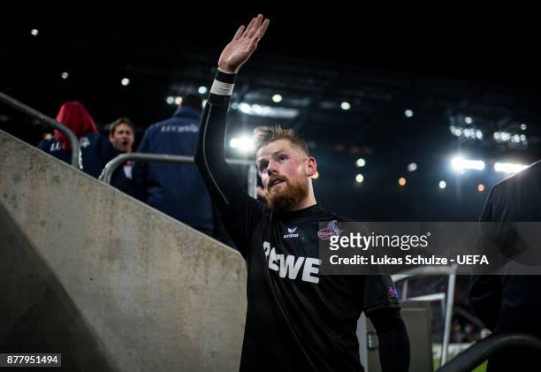 Goalkeeper Timo Horn of Koeln celebrates his win after the UEFA Europa League group H match between 1. FC Koeln and Arsenal FC at RheinEnergieStadion...