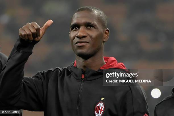 Milan's Colombian defender Cristian Zapata gestures prior the UEFA Europa League group D football match between AC Milan and FK Austria-Wien at the...