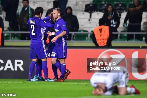 Olympique de Marseille's players celebrate after Konyaspor's Wilfried Moke scored an own goal during the UEFA Europa League Group I football match...