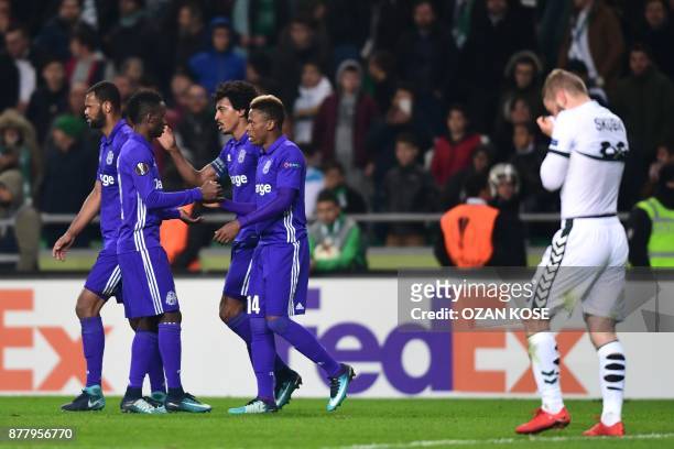Olympique de Marseille's Clinton Njie celebrates with his team mates after Konyaspor's Wilfried Moke scored an own goal during the UEFA Europa League...