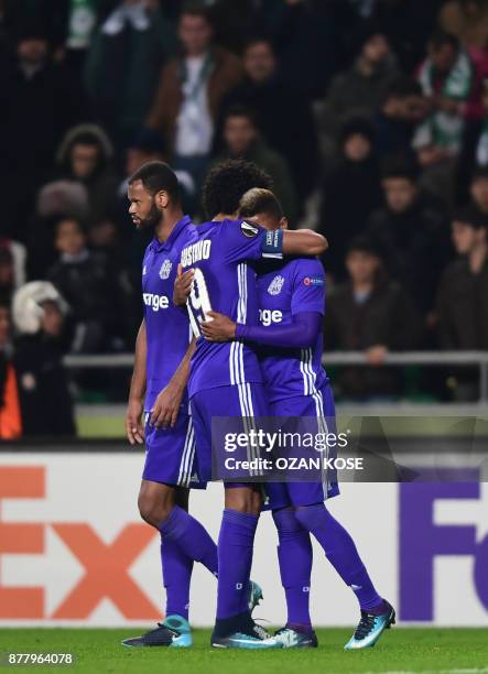 Olympique de Marseille's Clinton Njie celebrates with his team mates after Konyaspor's Wilfried Moke scored an own goal during the UEFA Europa League...