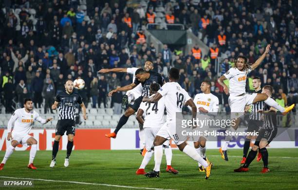 Leandre Tawamba of Partizan scores the goal between Kassim Adams Nuhu and Gregory Wuthrich of Young Boys during the UEFA Europa League group B match...