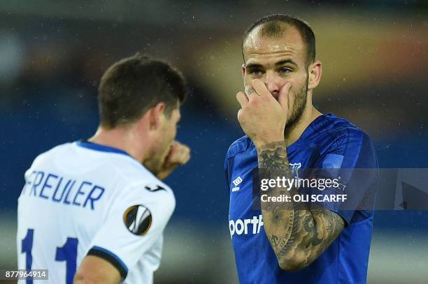 Everton's Argentinian defender Ramiro Funes Mori reacts to a missed chance at goal during the UEFA Europa League Group E football match between...