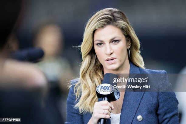 Erin Andrews of Fox Sports on the sidelines before a game between the Washington Redskins and the New Orleans Saints at Mercedes-Benz Superdome on...