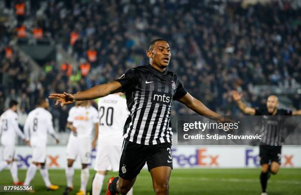 Leandre Tawamba of Partizan celebrates scoring a goal during the UEFA Europa League group B match between Partizan and BSC Young Boys at Stadium...