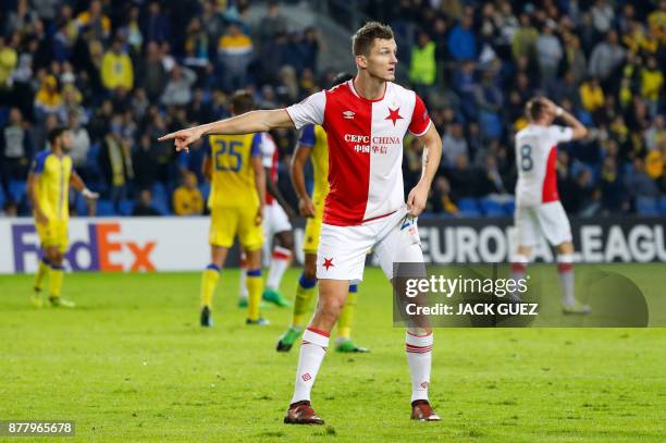 Slavia's Czech forward Tomas Necid gestures during the Europa League Group A football match between Maccabi Tel Aviv and Slavia Prague on November 23...