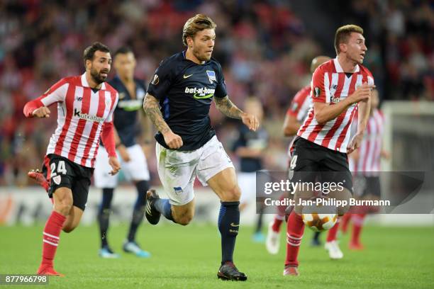 Mikel Balenziaga of Athletic Bilbao, Alexander Esswein of Hertha BSC and Aymeric Laporte of Athletic Bilbao during the game between Athletic Bilbao...