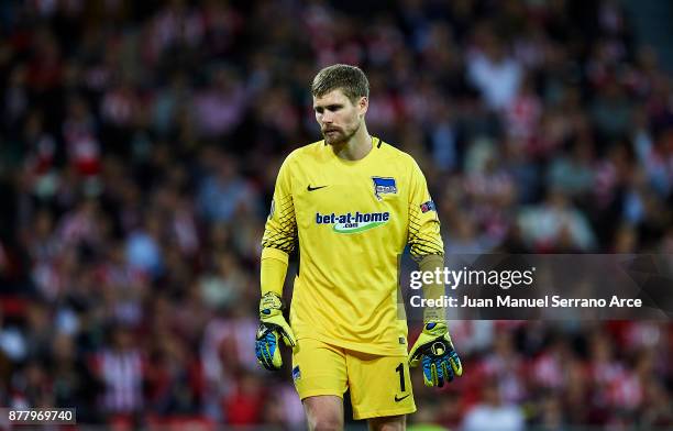 Thomas Kraft of Hertha BSC reacts during the UEFA Europa League group J match between Athletic Bilbao and Hertha BSC at San Mames Stadium on November...