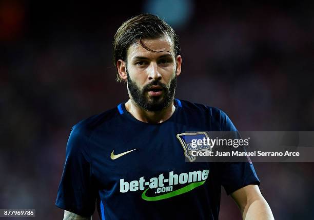 Marvin Plattenhardt of Hertha BSC reacts during the UEFA Europa League group J match between Athletic Bilbao and Hertha BSC at San Mames Stadium on...