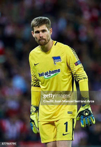 Thomas Kraft of Hertha BSC reacts during the UEFA Europa League group J match between Athletic Bilbao and Hertha BSC at San Mames Stadium on November...