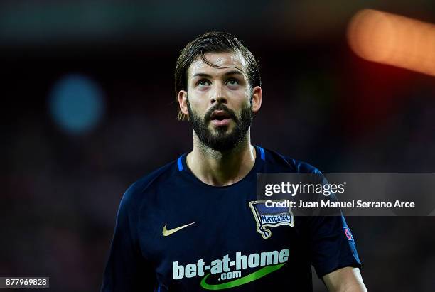 Marvin Plattenhardt of Hertha BSC reacts during the UEFA Europa League group J match between Athletic Bilbao and Hertha BSC at San Mames Stadium on...