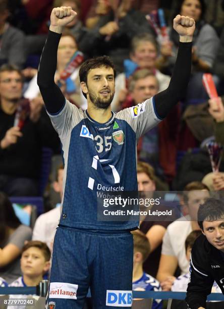 Marko Kopljar of Fuechse Berlin during the EHF Cup match between Fuechse Berlin and the FC Porto at Max-Schmeling-Halle on November 23, 2017 in...