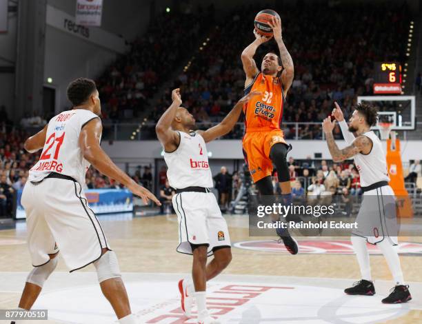 Ricky Hickman, #2 of Brose Bamberg competes with Erick Green, #32 of Valencia Basket in action during the 2017/2018 Turkish Airlines EuroLeague...