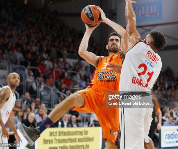 Joan Sastre, #30 of Valencia Basket in action during the 2017/2018 Turkish Airlines EuroLeague Regular Season Round 9 game between Brose Bamberg and...