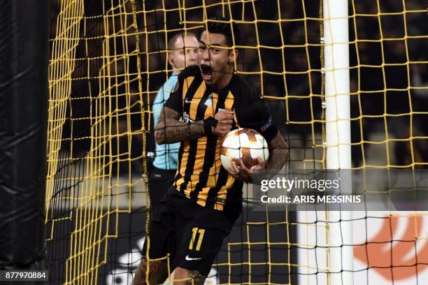 S Sergio Araujo celebrates after scoring a goal during the UEFA Europa League Group D football match between AEK Athens and Rijeka at The OAKA...