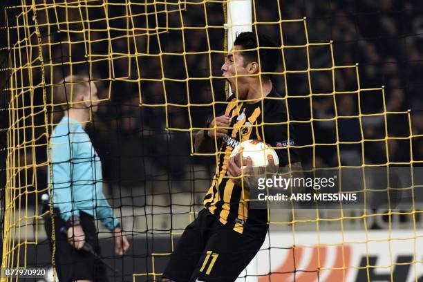 S Sergio Araujo celebrates after scoring a goal during the UEFA Europa League Group D football match between AEK Athens and Rijeka at The OAKA...