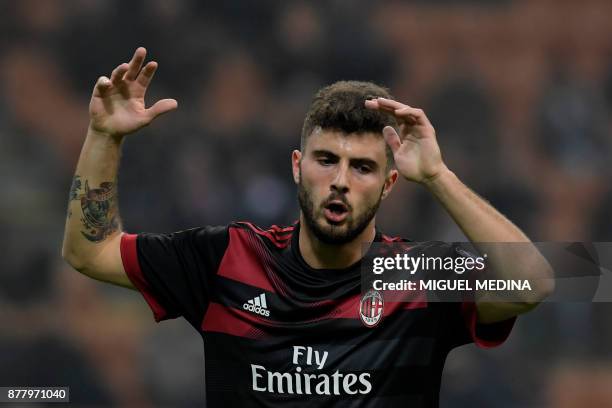 Milan's Italian forward Patrick Cutrone gestures during the UEFA Europa League group D football match between AC Milan and FK Austria-Wiendur at the...