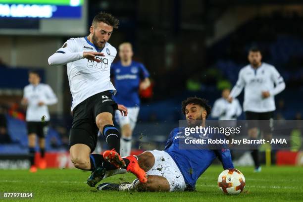 Bryan Cristante of Atalanta is fouled by Ashley Williams of Everton to win a penalty during the UEFA Europa League group E match between Everton FC...