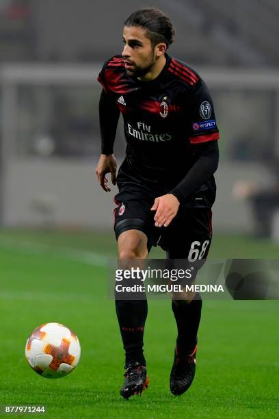 Milan's Swiss defender Ricardo Rodriguez controls the ball during the UEFA Europa League group D football match between AC Milan and FK...