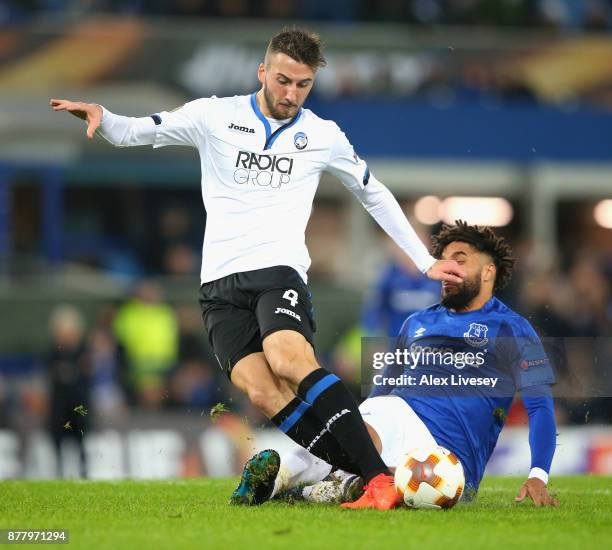 Ashley Williams of Everton fouls Bryan Cristante of Atalanta which leads to a penalty during the UEFA Europa League group E match between Everton FC...