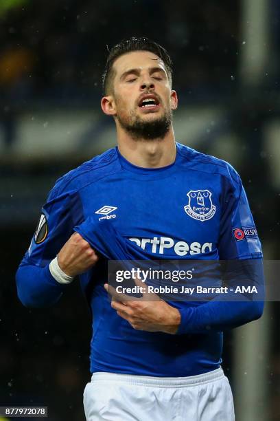 Kevin Mirallas of Everton reacts during the UEFA Europa League group E match between Everton FC and Atalanta at Goodison Park on November 23, 2017 in...