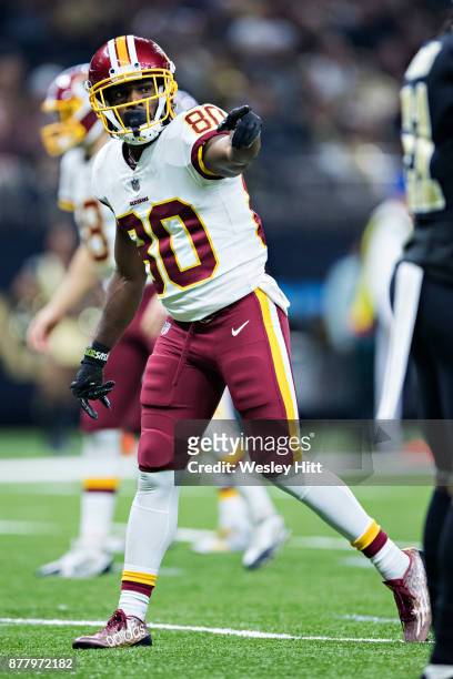 Jamison Crowder of the Washington Redskins at the line of scrimmage during a game against the New Orleans Saints at Mercedes-Benz Superdome on...