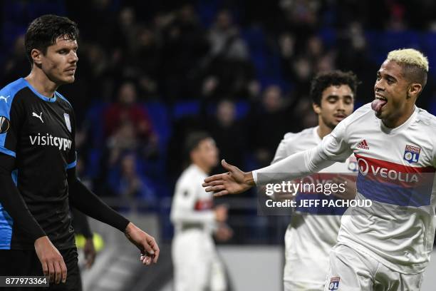 Lyon's Spanish forward Mariano Diaz celebrates after scoring a goal during the UEFA Europa League football match Olympique Lyonnais vs Apollon...