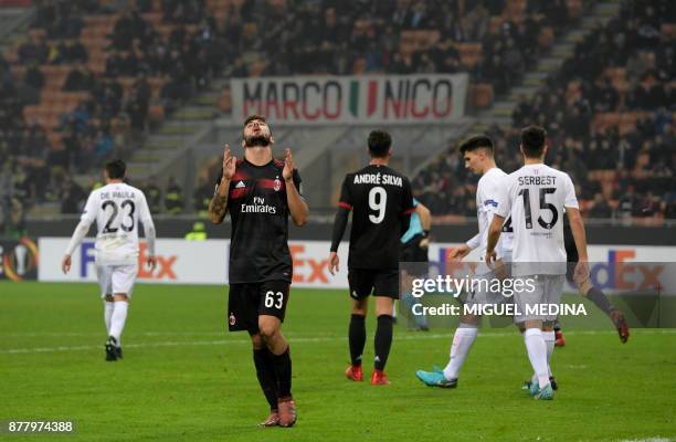 Milan's Italian forward Patrick Cutrone reacts during the UEFA Europa League group D football match between AC Milan and FK Austria-Wiendur at the...