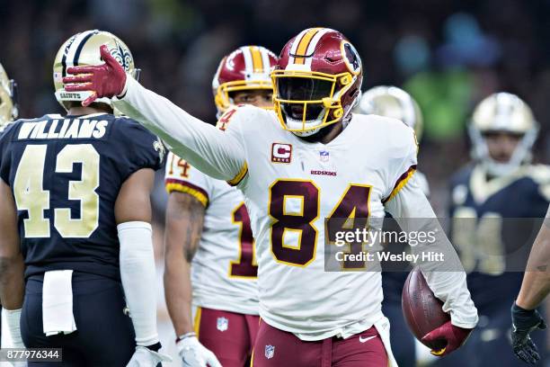 Niles Paul of the Washington Redskins signals first down during a game against the New Orleans Saints at Mercedes-Benz Superdome on November 19, 2017...