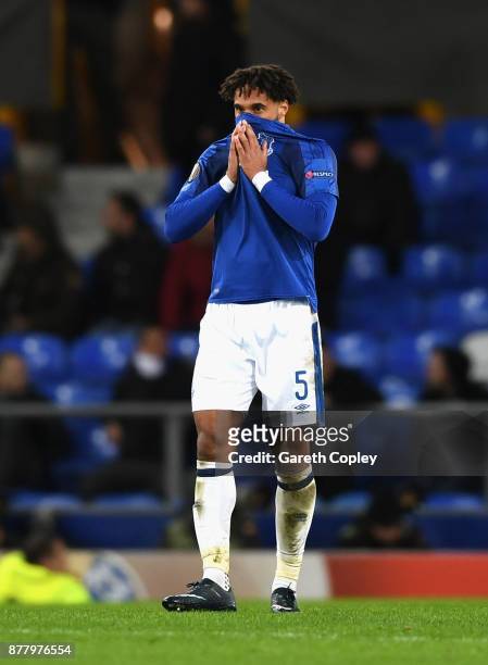 Ashley Williams of Everton shows dejection after the final whistle during the UEFA Europa League group E match between Everton FC and Atalanta at...
