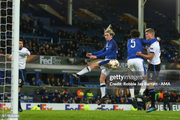 Andreas Cornelius of Atalanta scores a goal to make it 1-5 during the UEFA Europa League group E match between Everton FC and Atalanta at Goodison...