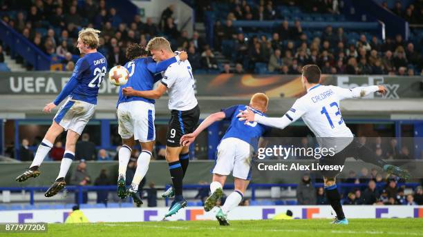 Andreas Cornelius of Atalanta scores his sides fifth goal during the UEFA Europa League group E match between Everton FC and Atalanta at Goodison...