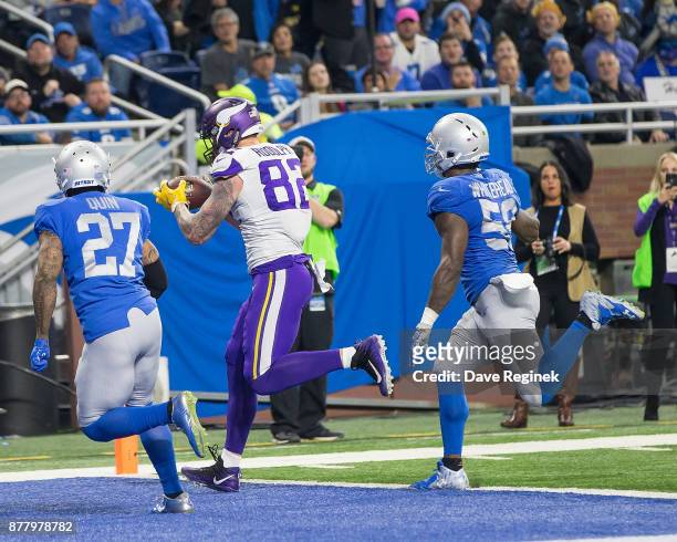 Kyle Rudolph of the Minnesota Vikings catches a second half touchdown against the Detroit Lions during an NFL game at Ford Field on November 23, 2016...
