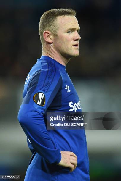 Everton's English striker Wayne Rooney reacts during the UEFA Europa League Group E football match between Everton and Atalanta at Goodison Park in...