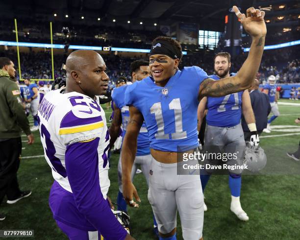 Marvin Jones Jr. #11 of the Detroit Lions and Terence Newman of the Minnesota Vikings talk after an NFL game at Ford Field on November 23, 2016 in...