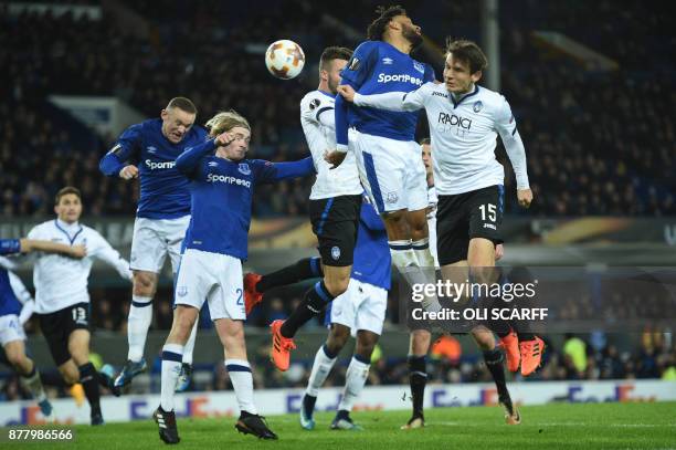 Everton's Spanish striker Sandro Ramirez scores his team's first goal during the UEFA Europa League Group E football match between Everton and...