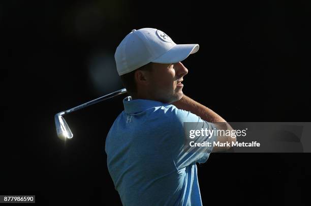 Jordan Spieth of the United States plays an approach shot on the 14th hole during day two of the 2017 Australian Golf Open at the Australian Golf...