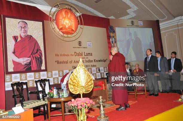 Holiness The Dalai Lama pray at front of God Buddha at the Indian chamber of Commerce Program of &quot;His Holiness the Dalai Lama Speaks on...