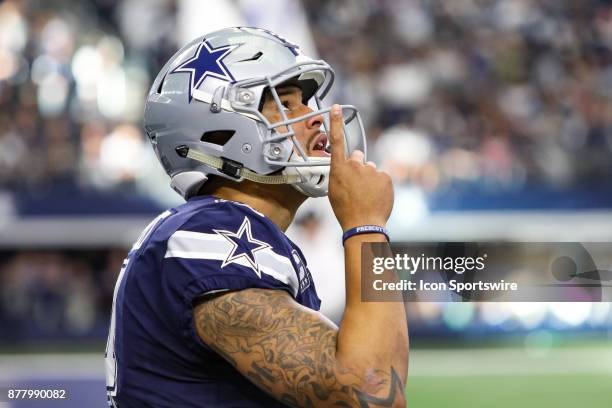Dallas Cowboys quarterback Dak Prescott looks up to the sky prior to the football game between the Los Angeles Chargers and Dallas Cowboys on...