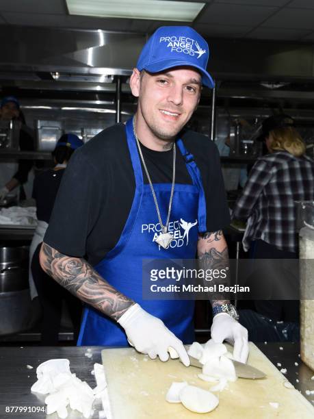 Aaron Carter volunteers for Thanksgiving Day at Project Angel Food on November 23, 2017 in Los Angeles, California.