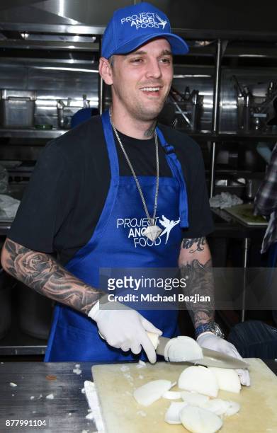 Aaron Carter volunteers for Thanksgiving Day at Project Angel Food on November 23, 2017 in Los Angeles, California.