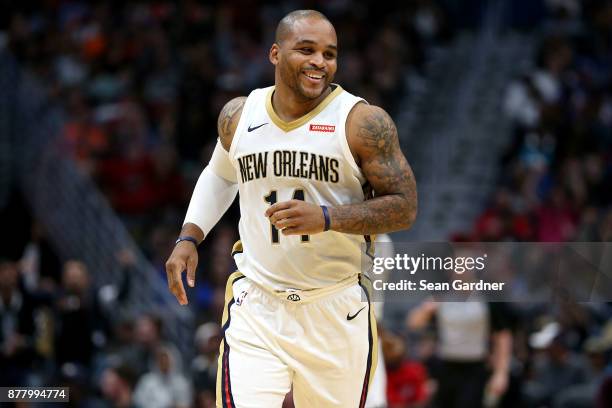 Jameer Nelson of the New Orleans Pelicans reacts after scoring a three pointer during a NBA game against the Oklahoma City Thunder at the Smoothie...