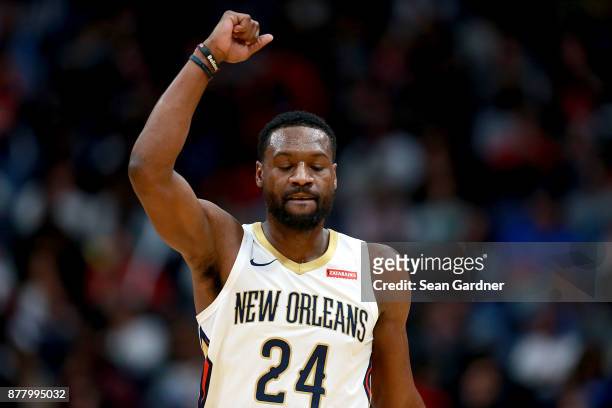 Tony Allen of the New Orleans Pelicans reacts during a NBA game against the Oklahoma City Thunder at the Smoothie King Center on November 20, 2017 in...