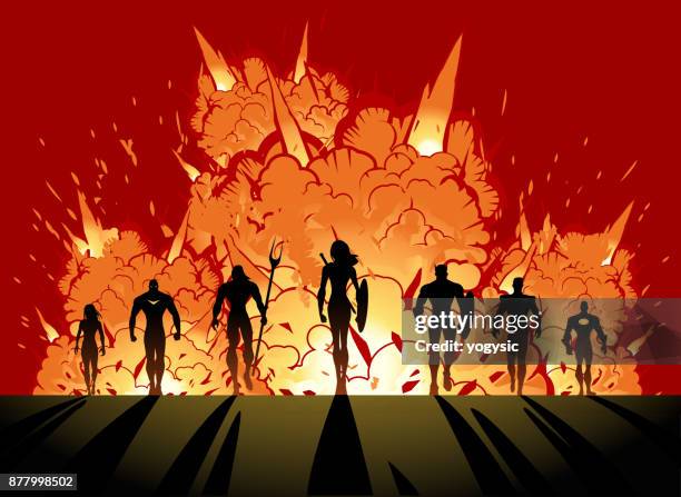 stockillustraties, clipart, cartoons en iconen met vector superheldenteam wth vrouwelijke leider silhouet walking away van explosie - movie explosion