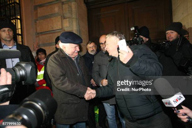 Former President of Poland Lech Walesa and Bogdan Borusewicz former Marshal in the Polish Senate are seen in Gdansk, Poland on 23 November 2017...
