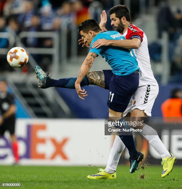 Sebastian Driussi of FC Zenit Saint Petersburg and Boban Grncharov of FK Vardar vie for the ball during the UEFA Europa League Group L match between...