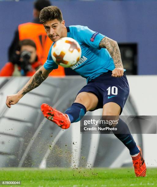 Emiliano Rigoni of FC Zenit Saint Petersburg crosses the ball during the UEFA Europa League Group L match between FC Zenit St. Petersburg and FK...