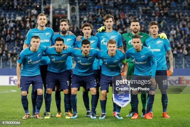 Zenit Saint Petersburg players pose before the UEFA Europa League Group L match between FC Zenit St. Petersburg and FK Vardar at Saint Petersburg...