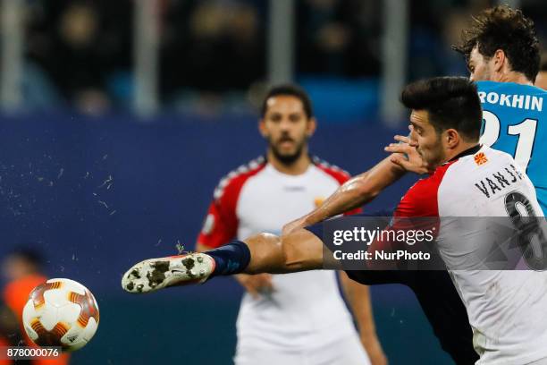 Aleksandr Erokhin of FC Zenit Saint Petersburg and Vanja Markovic of FK Vardar vie for the ball during the UEFA Europa League Group L match between...